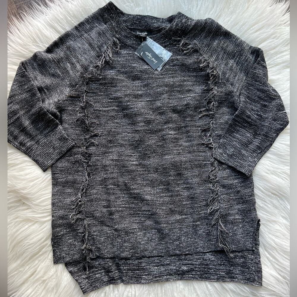 Lord and Taylor sweater heather gray fringe 3/4 sleeve small